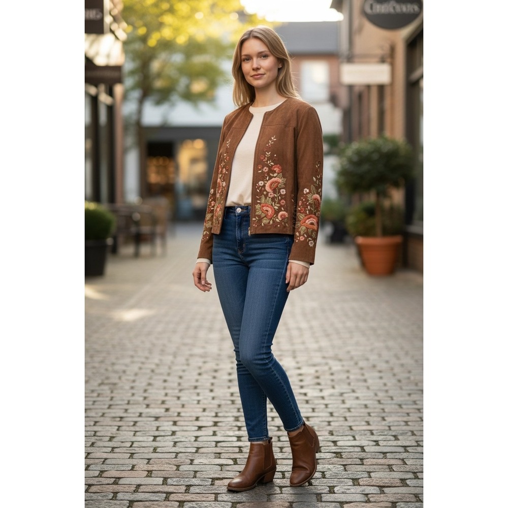 Marina Rinaldi Brown Embroidered Floral Suede Zip‎ Jacket Womens EU 27 Small